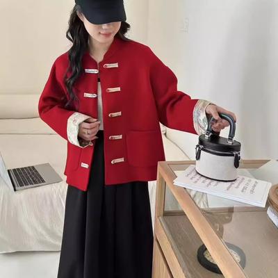 Chinese Style Pearl Button Double-sided Wool Coat for Women New New Chinese Style Tang Suit Hanfu Short Woolen Coat