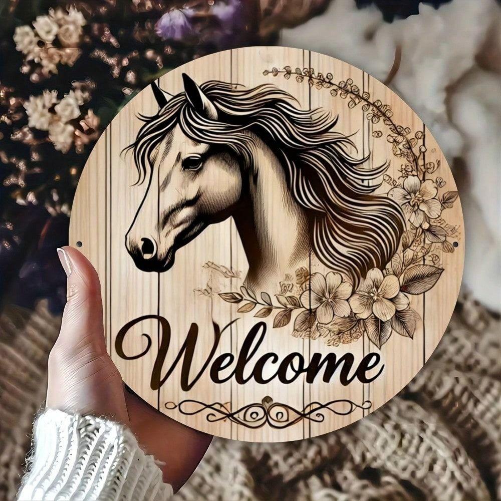 Vintage Metal Sign Horse Flowers Wall Decor 8x8 Inch