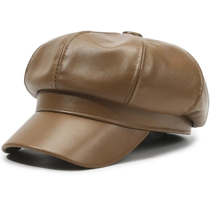1PC PU Leather Winter Fall Peaked Caps Adjustable Painter Hat New Berets Women Hat Solid Color Beret Octagon Slimming Face