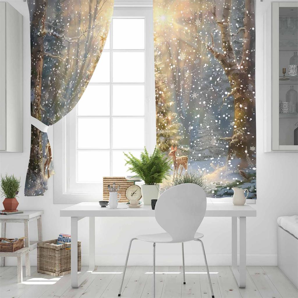 Vánoční sněhová scenérie, sněhové vločky, stromy, jeleni, zatemňovací závěsy do obývacího pokoje, ložnice, okenní úpravy, žaluzie a závěsy
