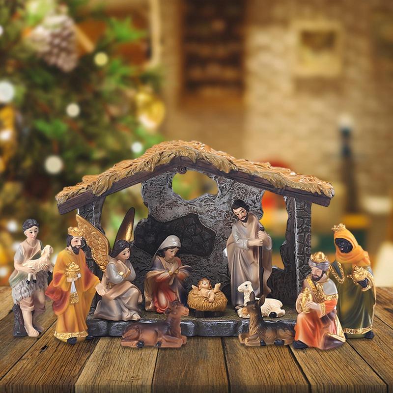 12pcs Set Christmas Manger Nativity Set Real Life Nativity Jesus Manger Christmas Crib Ornament Holy Family Crafts Statue