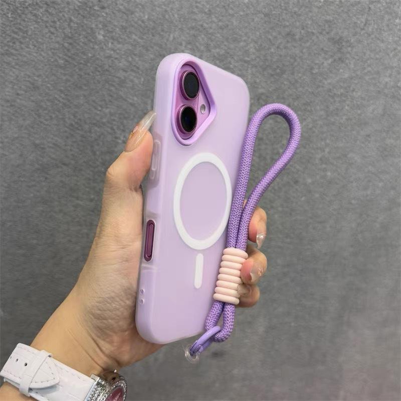 Candy Cute Skin Feel 2 in 1 Magnetic Phone Case for iPhone 11 12 13 14 15 16 17 Pro Max Plus Hand Wrist Strap Matte Cover