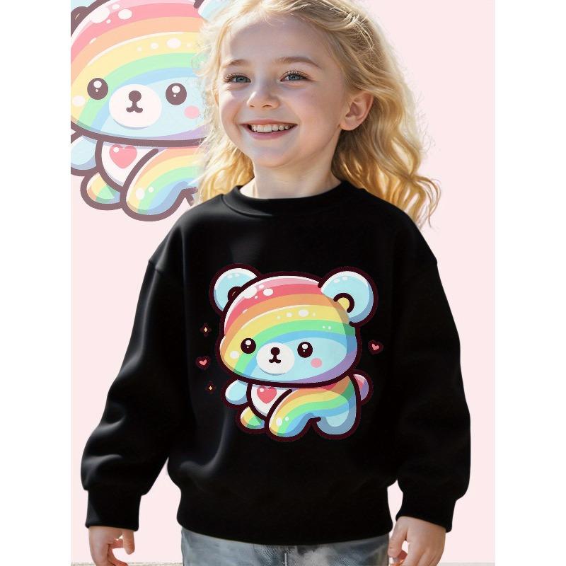 European sizes Kids' Rainbow Bear: an Adorable And Vibrant Cartoon Character Design Long Sleeve Crewneck Sweatshirt - Cozy Casual Pullover Top