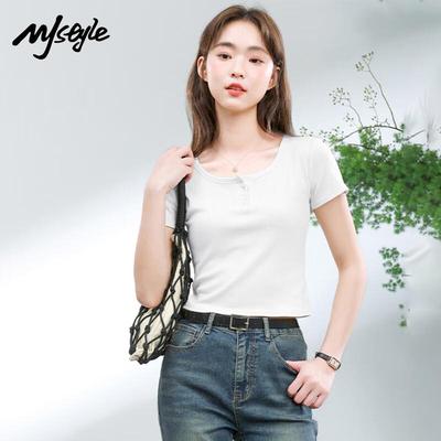 MJ STYLE Women's U-Neck Button Short-Sleeve T-Shirt
