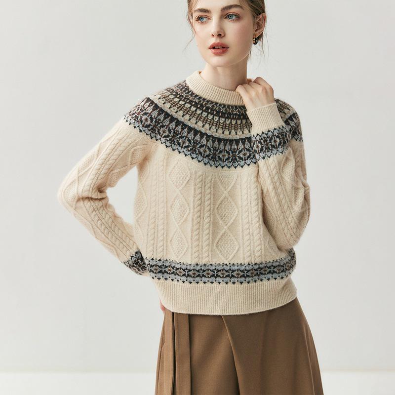 Women's Cashmere Fair Isle Plaid Pullover with Half-High Collar