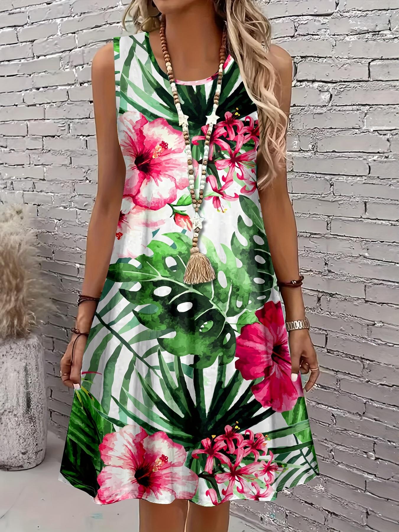 Women S Elegant Floral Pink Green Leaf Pattern Print Sleeveless A-Line Dress Halloween Costume Oversized S