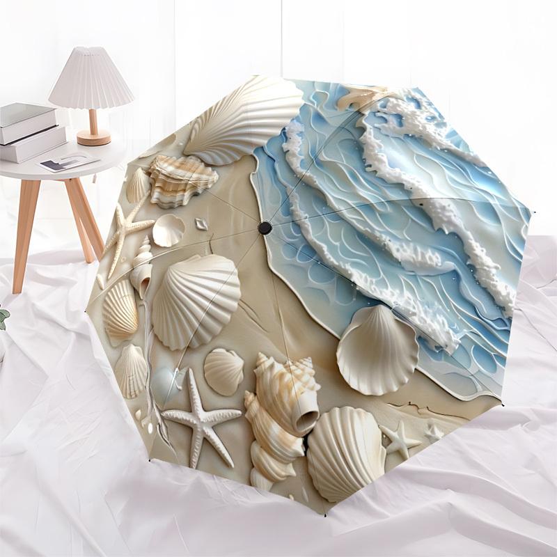 1pc Seashells Oceanwaves Automatic Open/Close Folding Umbrella - Compact 8-Rib Design, Daily Use, Perfect Gift for Friends & Family yy260327070
