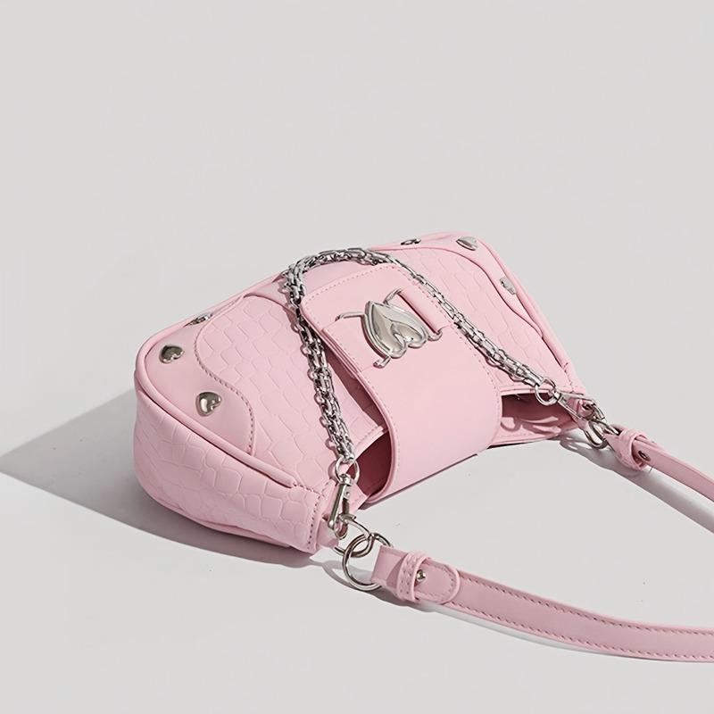 Fashiable Y2K Hot Girl Handbag, Motorcycle Style Solid Color Women's Bag, Commuting Heart Chain Shoulder Armpit Bags
