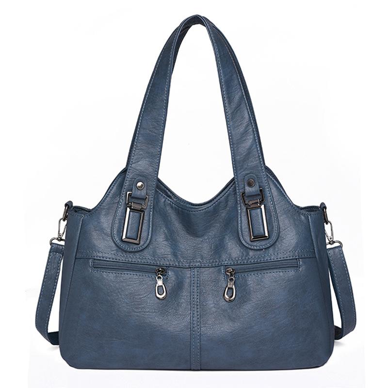 

Retro large-capacity handbag oil wax leather soft leather shoulder bag solid color versatile multi-layer commuter messenger bag women синій