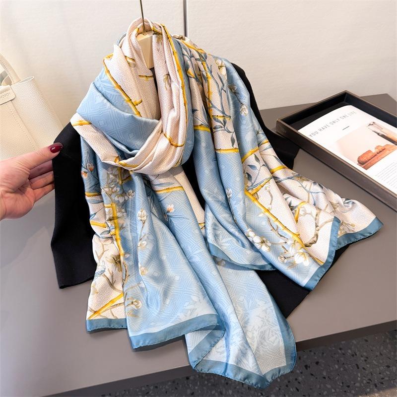 Spring and summer thin print simulation silk brocade sunscreen gold bottom peony silk scarf long scarf shawl versatile headscarf scarf