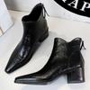 Retro scratch pattern Women's boots, thick heel, Pointed toe Short boots ,  slimming Women Ankle boots Mid heel leather boots