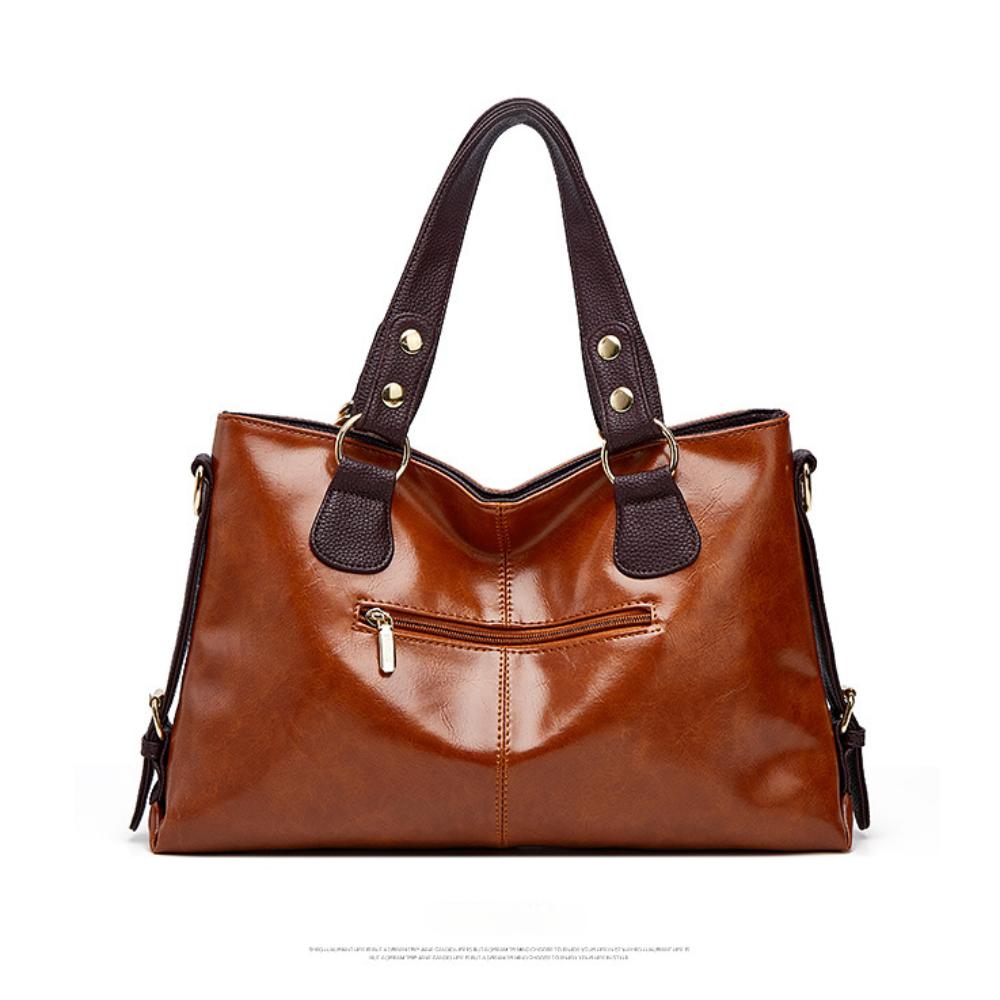 Retro Minimalist Atmosphere Large-Capacity Wide Shoulder Strap Solid Color Tote Bag Ladies' Fashion Multi-Layered Wax Oil Leather