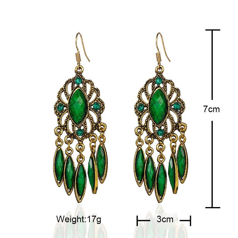 Ethnic Vintage Water Drop Earrings Antique Gold Color Hollow Flower Shaped Acrylic Crystal Dangle Women Earrings Jhumka Jewelry