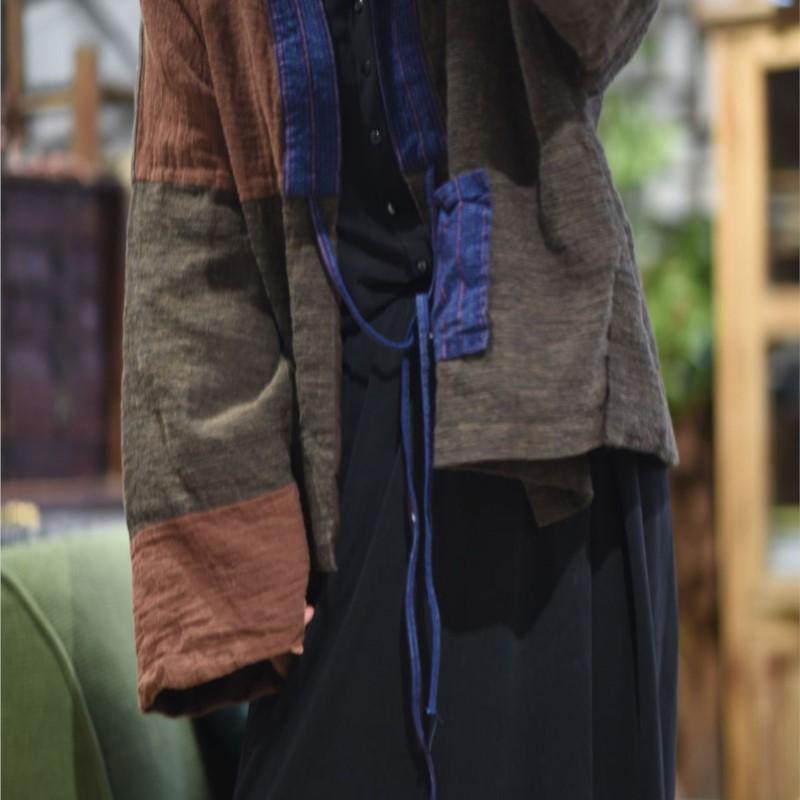 Johnature Women Vintage Jackets Patchwork Color Loose Belt Coats Autumn V-Neck Long Sleeve Jackets