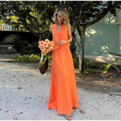 New Street Cotton Linen Vest Skirt Outfit Spring Women Sleeveless V-neck Tank Top+High Waist Loose Big Swing Skirt Two Piece Set