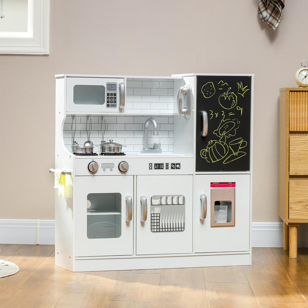 Pretend Play Kitchen, Kids Kitchen Playset, with Toy Phone, Chalkboard, Microwave, Cooking Stove, Sink, White