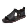 Johnature Retro Genuine Leather Peep Toe Flat Sandals Versatile Casual Soft Soled Beach Shoes