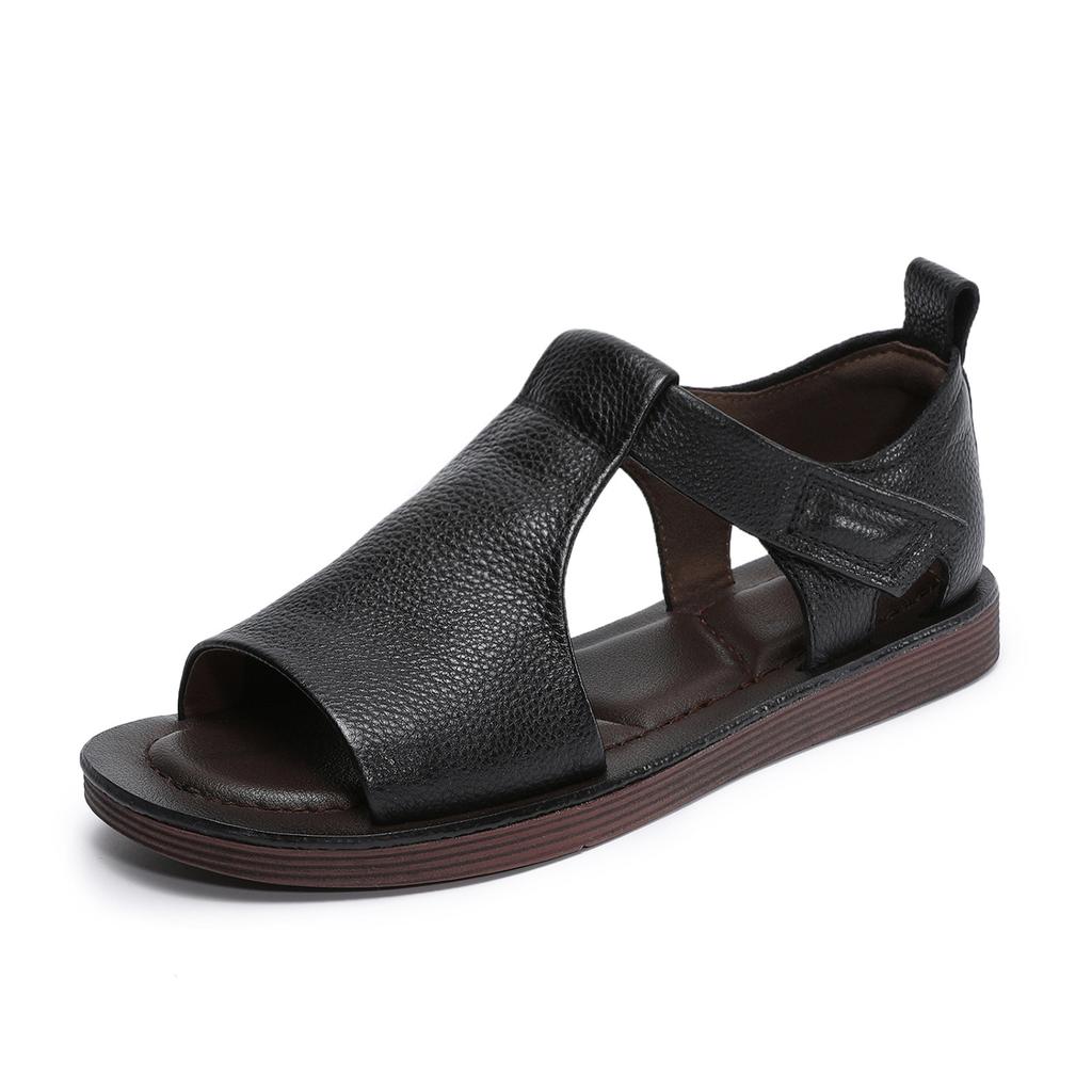 Johnature Retro Genuine Leather Peep Toe Flat Sandals Versatile Casual Soft Soled Beach Shoes