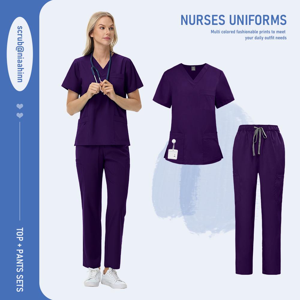 Nursing Surgical Uniforms Woman V-Neck Short Sleeved Uniform Scrub Sets Wholesale Lab Beauty Salon Workwear Pet Doctor Nurse Set