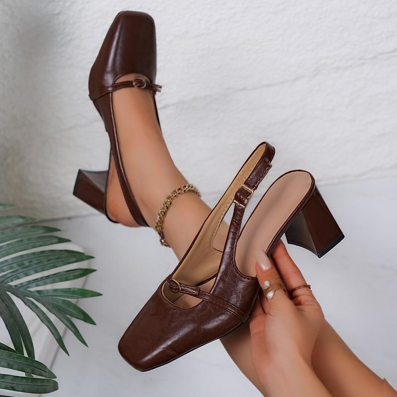 Spring Summer Thick High Heel Women Sandals Fashion Square Toe Singbacks Mules Shoes Ladies Elegant Dress Pumps