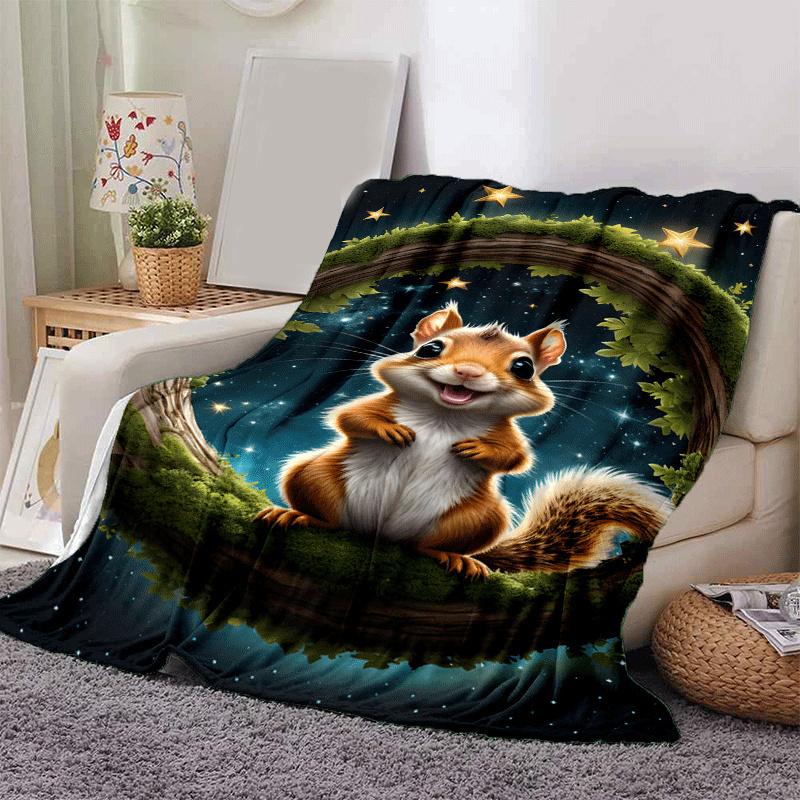 1pc Squirrel Printing Lightweight Flannel Blanket, Comfortable and Warm Blanket, for Camping Sofa Bed and Couch Office, in All Seasons