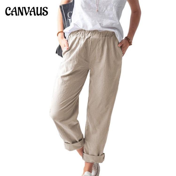 Summer Women Solid Color Casual Elastic High Waist Straight Pants