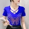 Haut Femme Sexy de Haute Qualité avec Design Croisé en V Débardeur Brillant Papillon Diamants Chauds Été Marque Féminine Élastique Slim T-shirts en Maille