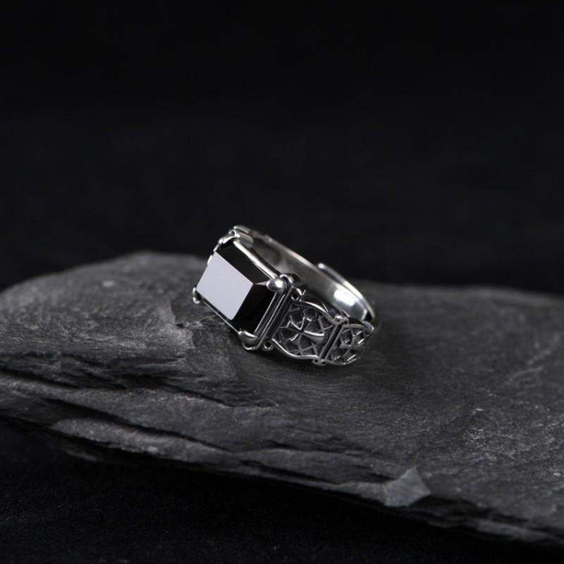 Silver Color New Cross Ring Men's Personality Dominant Trend Hip Hop Single Ring Black Stone Jewelry