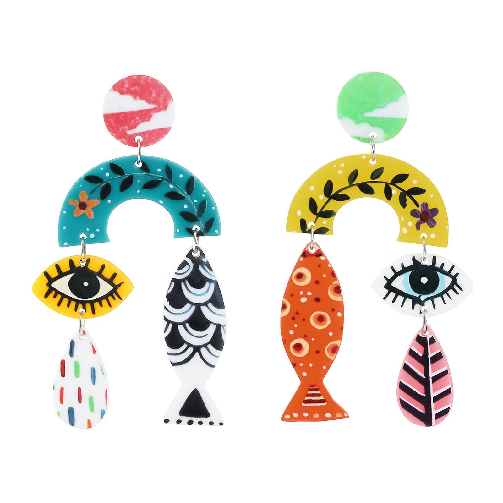 

Этнические серьги для женщин винтажные акриловые серьги-подвески с принтом «рыбий глаз» и «лист», дофаминовые украшения для девушек, аксессуары для ушей