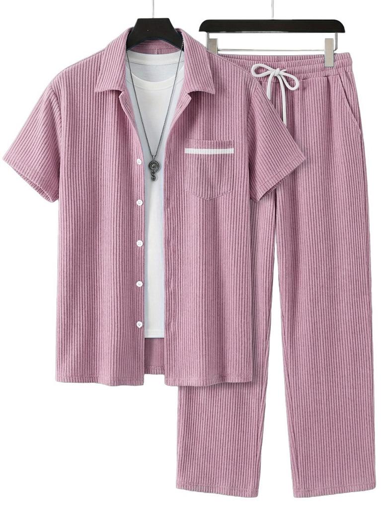 1116 New Solid Color Lapel Set, Men's Loose and Breathable Casual Two-piece Set for Beach Vacation