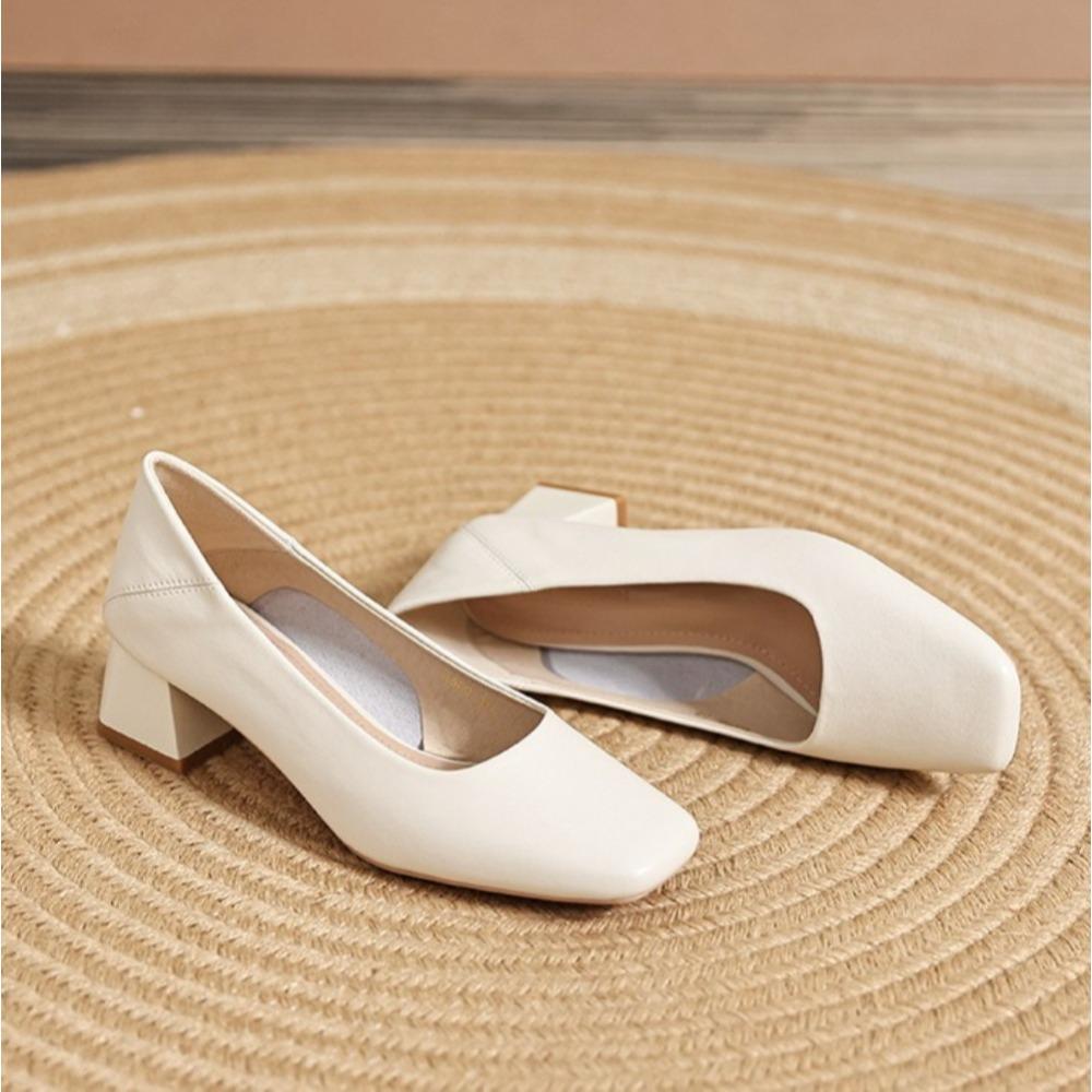 Leather Pumps Women's 2025 New Spring Professional Commuting Thick Heel Medium Heel Square Head Shallow Mouth Work Women's Shoes