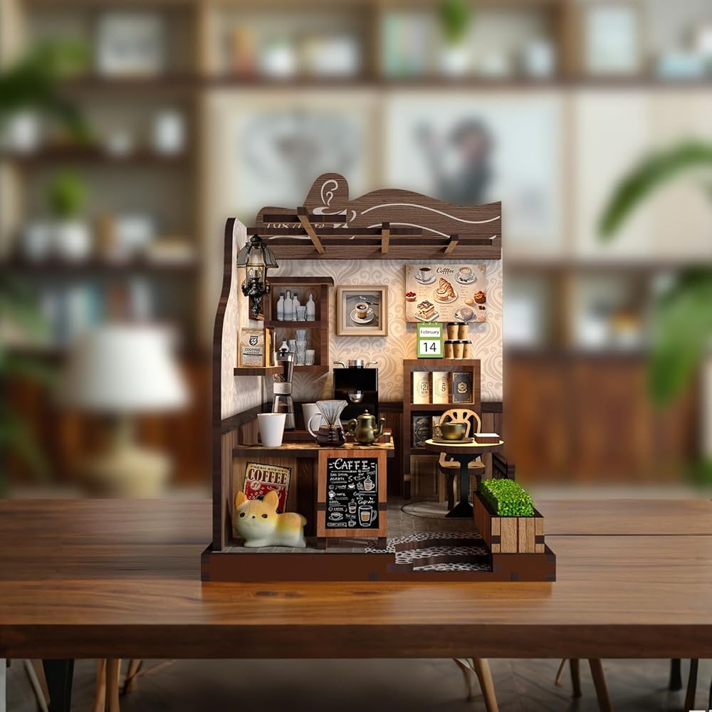 CRESYMME Miniature Dollhouse Kit Wooden 3D Puzzle DIY Craft for Adults Coffee Shop Design