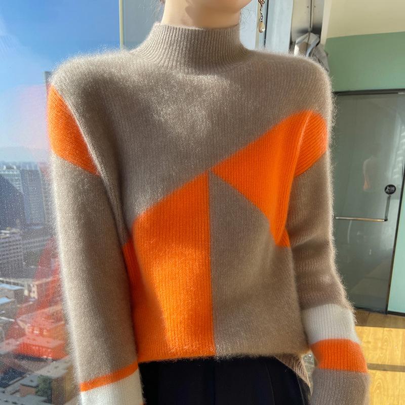Contrast Color Thickened Half-high Neck Cardigan for Women In Autumn and Winter New Fashionable and Versatile Cashmere Sweater Warm Knitted Base Shirt