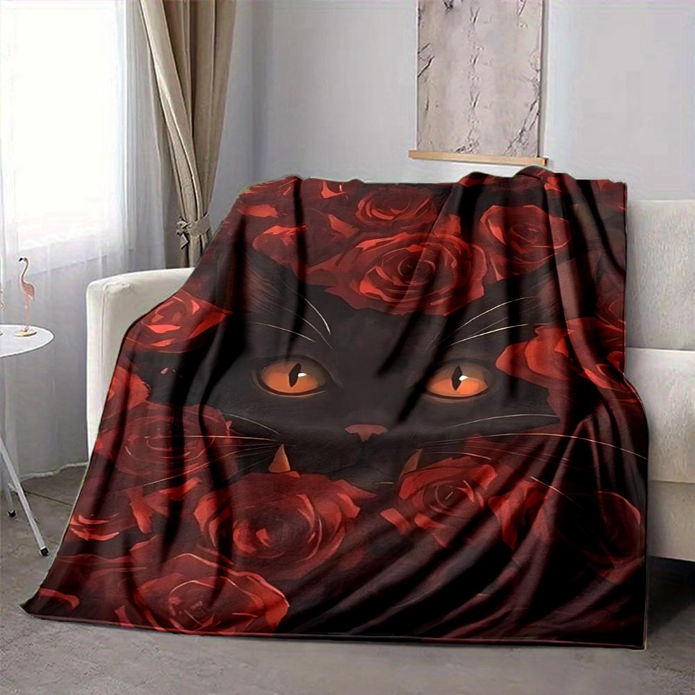 1PC Black Cat Roses Blanket, Throw For Sofa, Bed, Travel, Camping, Livingroom, And Bed, Printing Blanket With Soft And Warm Fabric yy250918202