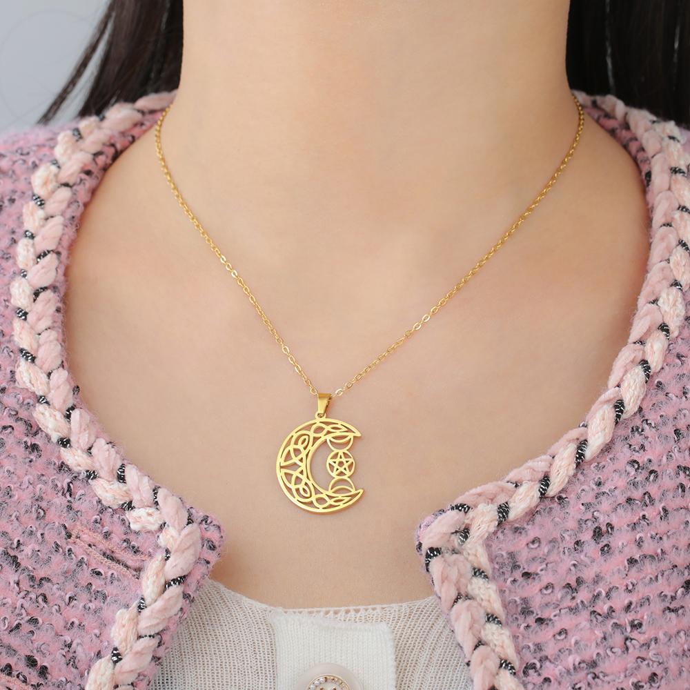 Dawapara Triple Moon Goddess Celtics Moon Necklace Pentagram Wiccan Pendant Protection Talisman Stainless Steel Jewelry