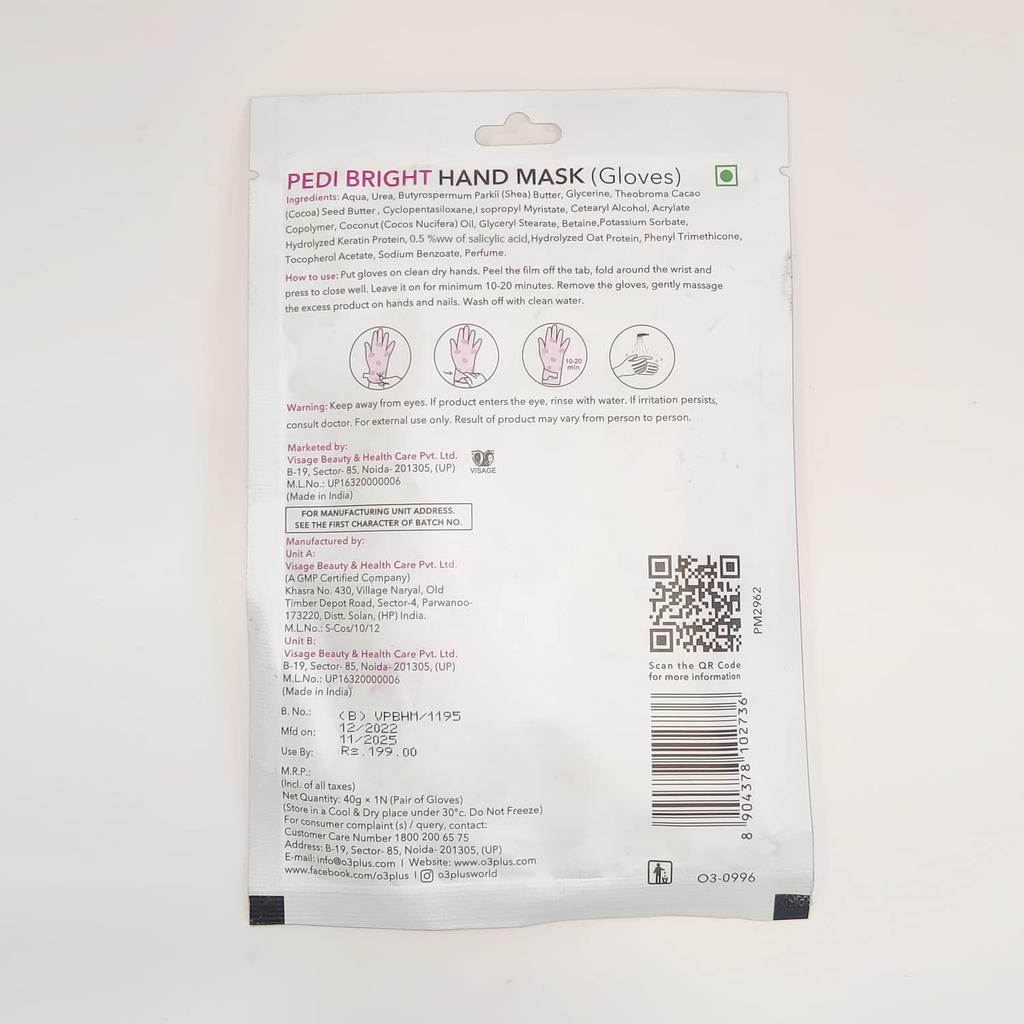 O3+ Pedi Bright Hand Gloves Cream Mask 40g Pack of 1 for Soft, Hydrated, Nourished Hands