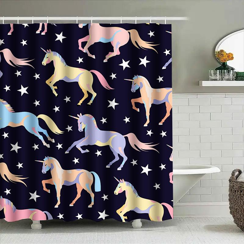 Stylish Unicorn Shower Curtain Waterproof Fabric Bath Decor Blue Background with Stars Pattern Bathroom Linen Decoration for Hom