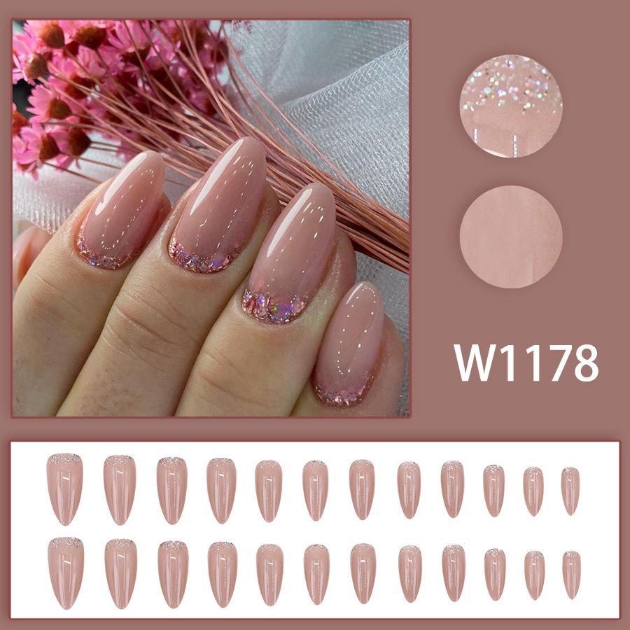 Almond-Shaped Medium-Length Glitter Girly Nails in Solid Colors, Simple INS Style, Detachable and Wearable