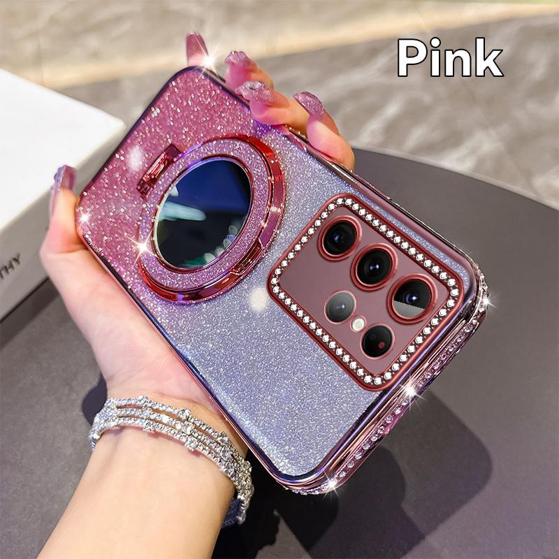 KEYSION Glitter Jewelled Magnetic Phone Case for Samsung Galaxy S22 Ultra S21+ Plus S20 FE Makeup Mirror Stand Shockproof Cover