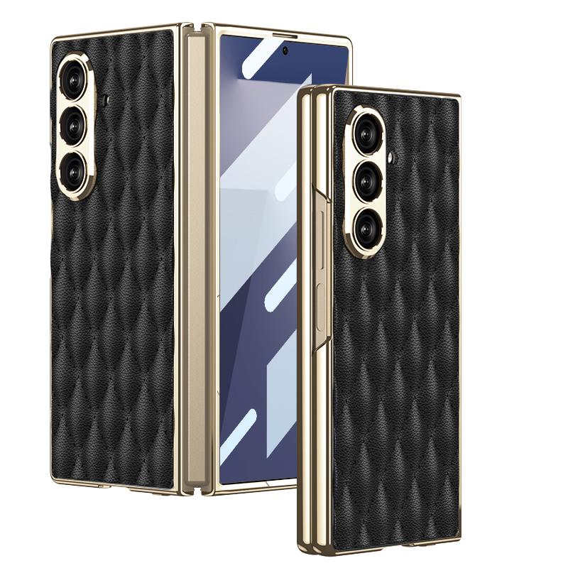 

GKK For Samsung Galaxy Z Fold7 5G Case with Glass Film Rhomboid Design Electroplating PC+PU Phone Back Cover Black