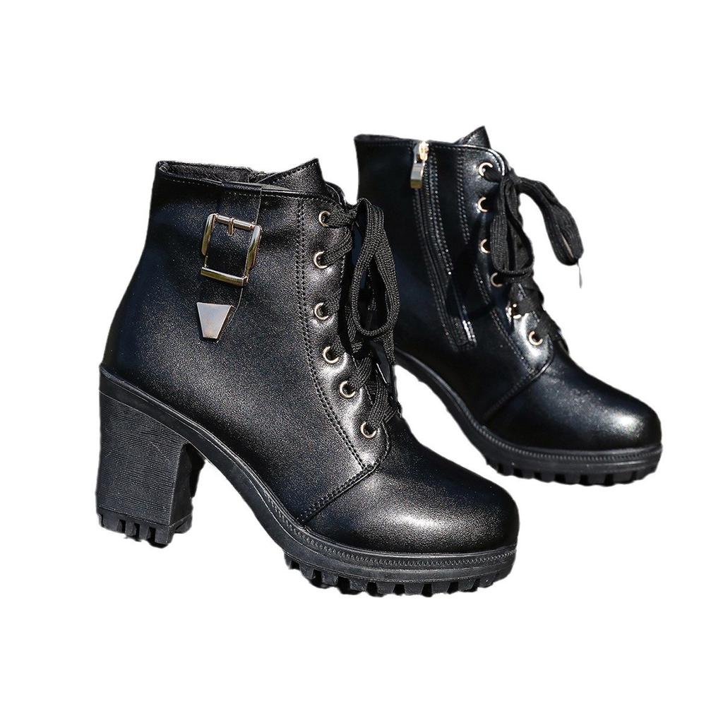 2024 autumn and winter new lace-up large-size Martin boots women's British style belt buckle side zipper high-heeled short boots