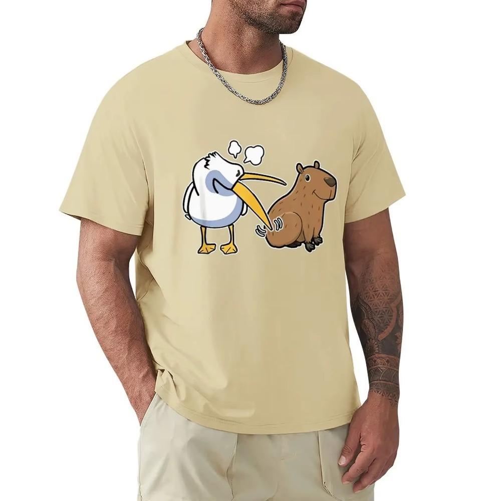 Pelican Tries To Eat Capybara Funny Kawaii Meme With Animals T Shirt Harajuku Short Sleeve T-shirt Cotton Graphics Tshirt Tops
