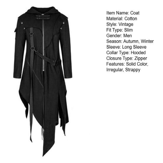 Autumn Winter Men Long Coat Solid Color Irregular Long Sleeves Hooded Zipper Strappy Overcoat for Halloween