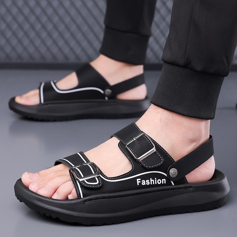 Fashion Summer New Buckle Designer Leather Sandals for Men  Solid Color Fashion Casual  Beach Shoes Male Anti-slip  Slipper Shoes Man