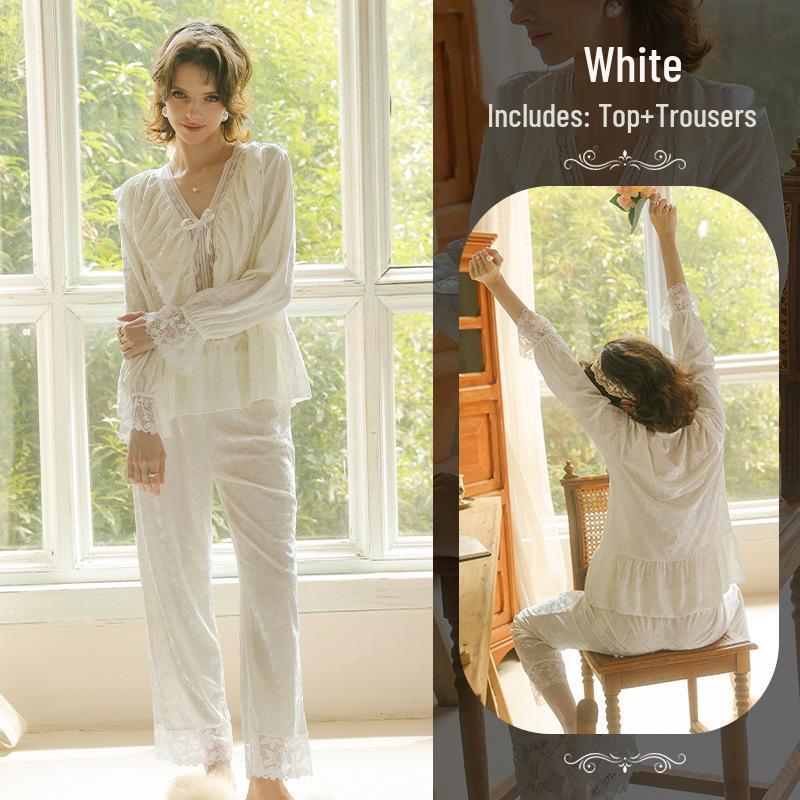 

Retro Velvet Lace-Up Pajama Set: French Princess V-neck with Lace Patchwork, Long Sleeve, Long Pants Homewear. Large білий