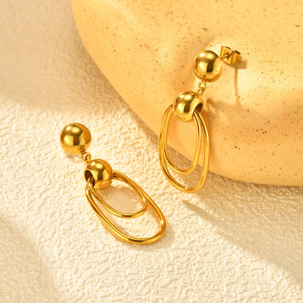 Retro Double Layer Elliptical Coil Bead Drop Earrings for Women, Geometric Stainless Steel Earrings, Vintage Fashion Jewelry