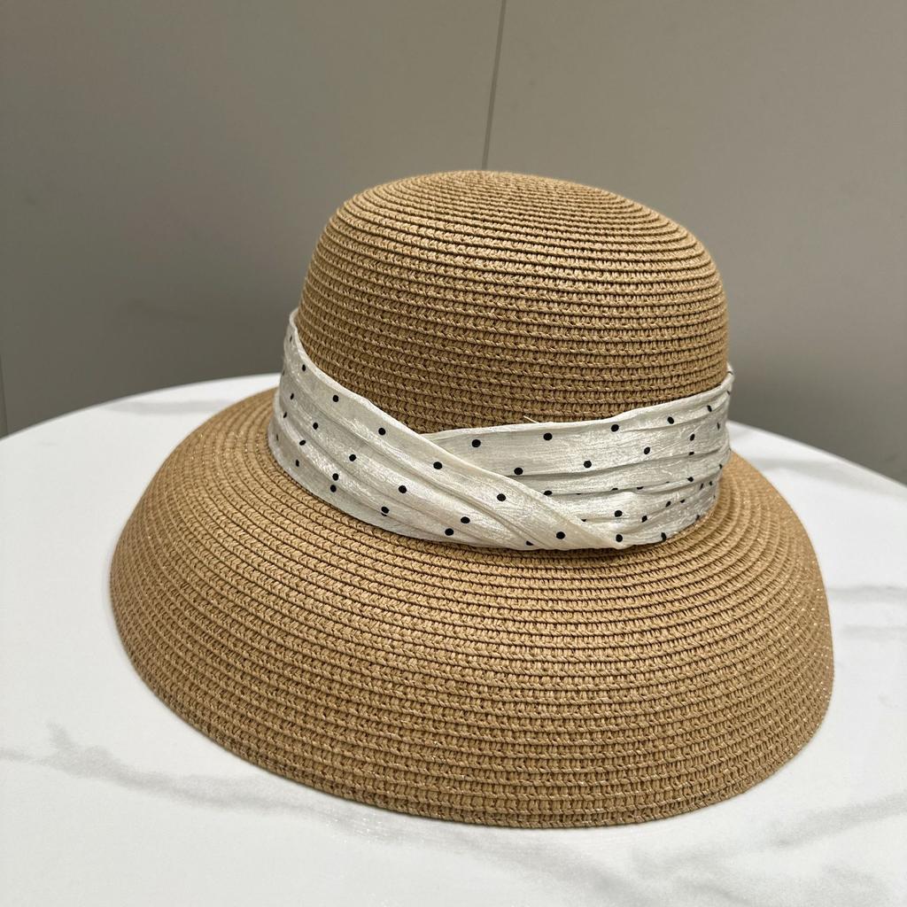 Elegant Polka Dot Ribbon Round Bucket Hat for Women Summer Sun Protection Fashion Outdoor Grass Sun Hat