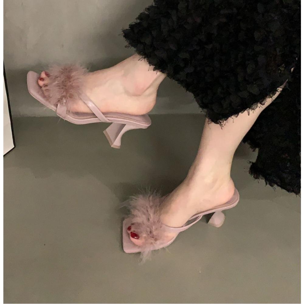 New Summer Transparent High Heels Fur Slippers Women Feather Sandals Peep Toe Mules Pumps Slides Party Shoes Pink