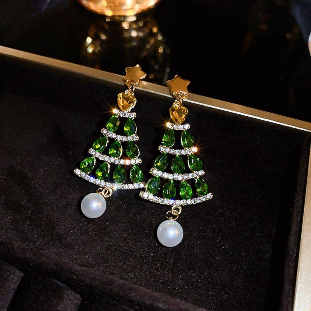 Crystal Rhinestone Pendant Star Christmas Tree Earring Studs Merry Christmas Earrings  Girls