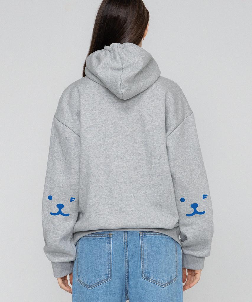 [Unisex] Elbow Puppy Face Smile Hoodie_Gray/Blue Logo